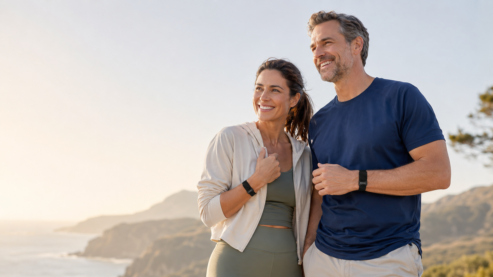Active couple wearing black Hume health bands outdoors